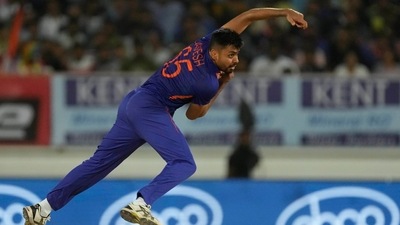 India's Avesh Khan bowls during the fourth Twenty20 cricket match between India and South Africa (AP) India's Avesh Khan bowls during the fourth Twenty20 cricket match between India and South Africa (AP)