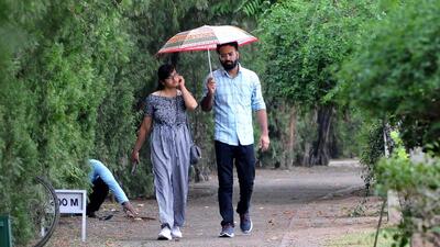 Visitors taking a walk in the rain at Sukhna Lake, Chandigarh, on Friday. (Ravi Kumar/HT)
