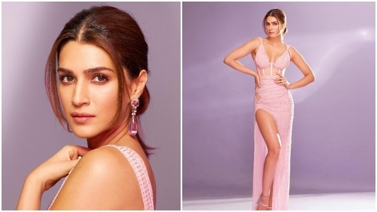 Kriti Sanon aces the soft glam look in nude pink bustier thigh-high slit  dress | Hindustan Times