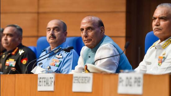Union Defence Minister Rajnath Singh with the three service chiefs?General Manoj Pande, Air Chief Marshal VR Chaudhari and Admiral R Hari Kumar at the launch of Agnipath, the defence recruitment scheme, in New Delhi. (PTI PHOTO.)