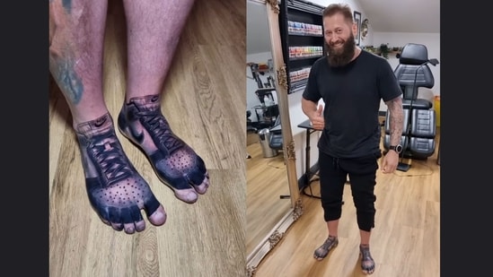 The images, taken from a video shared on Instagram, showcases Nike shoes tattooed on a man's feet. &nbsp;(Instagram/@dean.gunther)