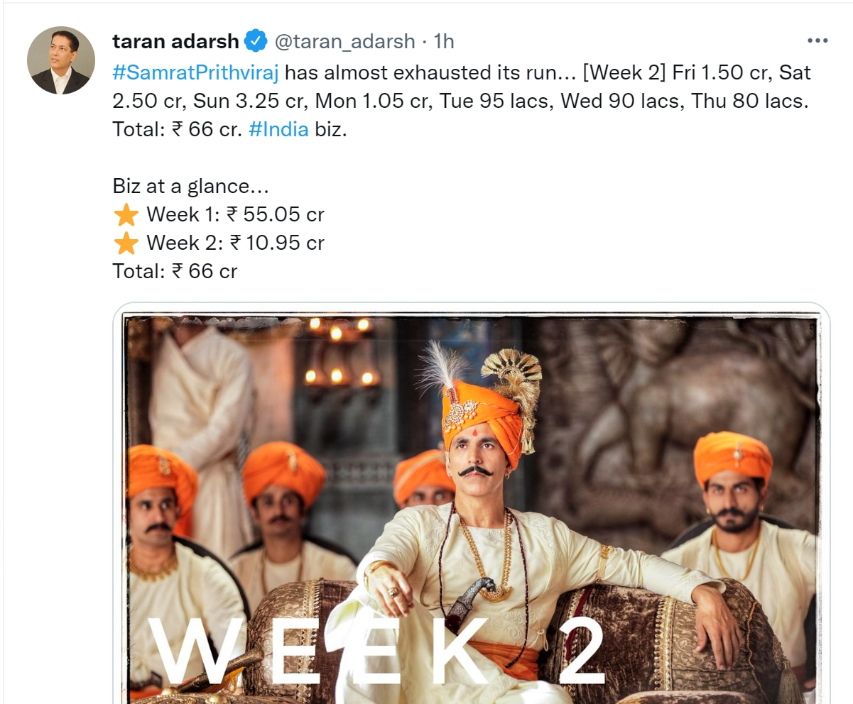 Taran Adarsh's tweet on Samrat Prithviraj's box office report.