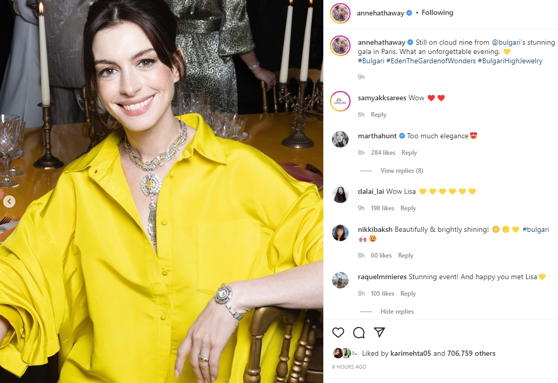 Anne Hathaway also shared a solo photo from the Bulgari gala.