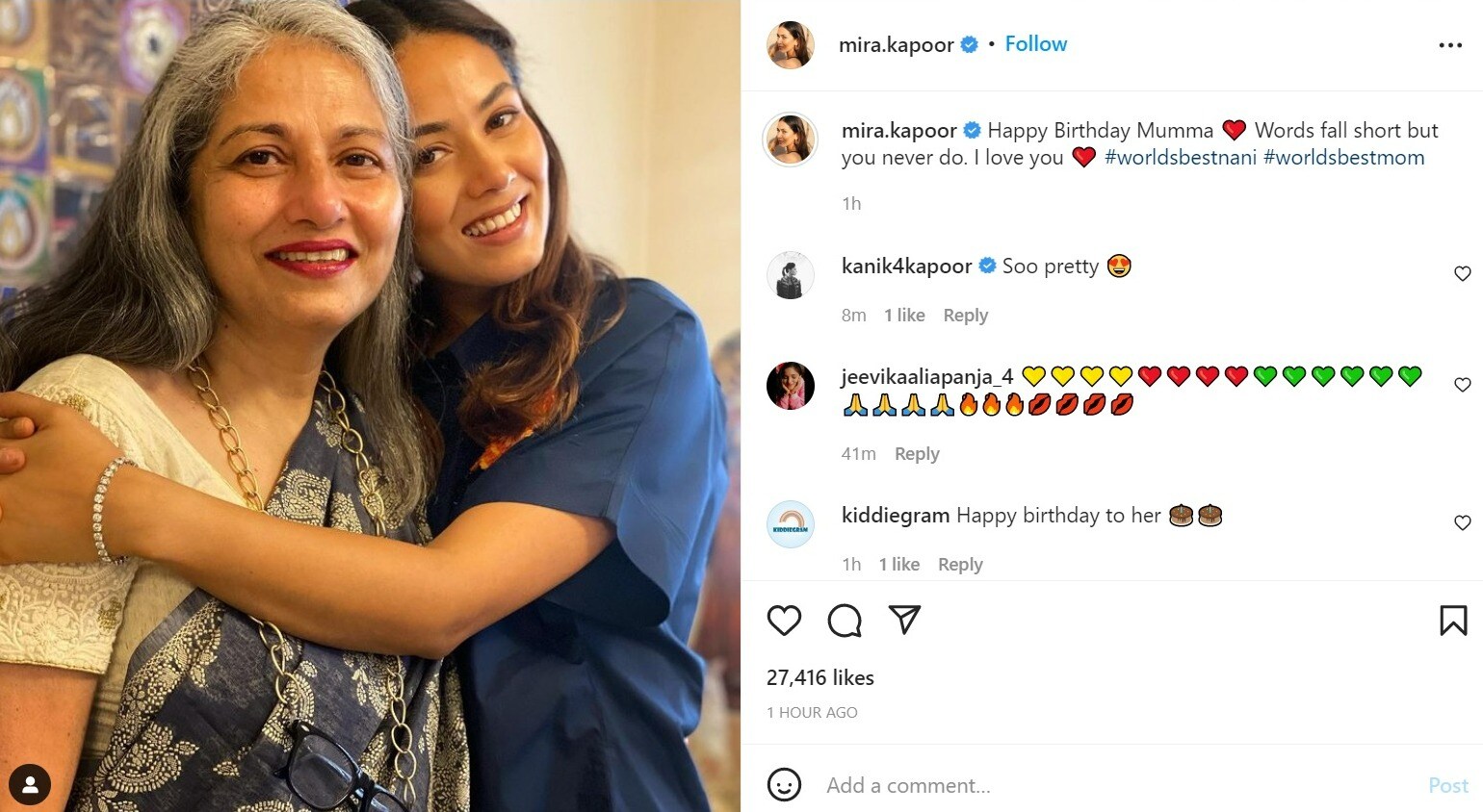 Mira Rajput shared a post for her mom. Mira Rajput shared a post for her mom. 