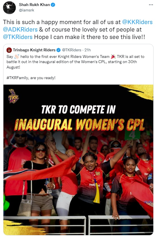 Shah Rukh Khan's tweet about TKR's women's team's entry into WCPL.
