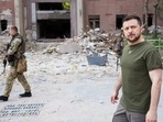 Ukraine's President Volodymyr Zelenskiy walks on a street during a visit to the southern city of Mykolaiv, as Russia's attack on Ukraine continues, Ukraine.&nbsp;