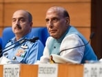 Union Defence Minister Rajnath Singh and the three service chiefs at the launch of Agnipath, the defence recruitment scheme, in New Delhi, on Tuesday. (PTI PHOTO.) Union Defence Minister Rajnath Singh and the three service chiefs at the launch of Agnipath, the defence recruitment scheme, in New Delhi, on Tuesday. (PTI PHOTO.)