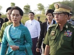 Prime Minister Senior General Min Aung Hliang and National League for Democracy leader Aung San Suu Kyi before the February 2021 coup in Myanmar. Prime Minister Senior General Min Aung Hliang and National League for Democracy leader Aung San Suu Kyi before the February 2021 coup in Myanmar.