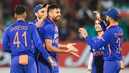 Indian bowler Avesh Khan celebrates with teammates after the wicket of South African batsman Dwaine Pretorius, during the 4th T20 cricket match.