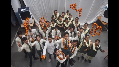 Students celebrate their results at a Lucknow school on Saturday. (HT Photo) Students celebrate their results at a Lucknow school on Saturday. (HT Photo)