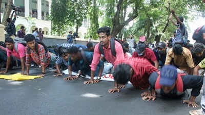 Hundreds of job aspirants, selected for Army, stage a protest near Raj Bhavan raising their concern over their fate in the wake of Agnipath scheme, in Thiruvananthapuram. (PTI) Hundreds of job aspirants, selected for Army, stage a protest near Raj Bhavan raising their concern over their fate in the wake of Agnipath scheme, in Thiruvananthapuram. (PTI)