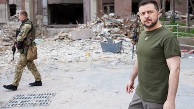 Ukraine's President Volodymyr Zelenskiy walks on a street during a visit to the southern city of Mykolaiv, as Russia's attack on Ukraine continues, Ukraine.&nbsp; (via REUTERS)