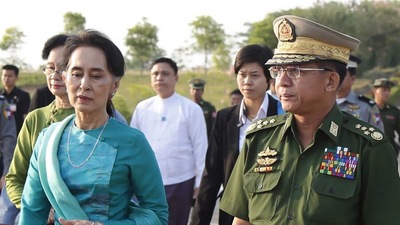 Prime Minister Senior General Min Aung Hliang and National League for Democracy leader Aung San Suu Kyi before the February 2021 coup in Myanmar. Prime Minister Senior General Min Aung Hliang and National League for Democracy leader Aung San Suu Kyi before the February 2021 coup in Myanmar.