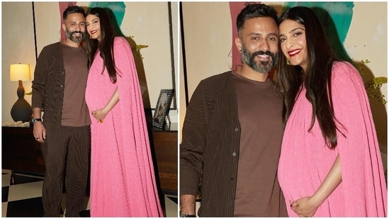Sonam Kapoor struck a pose with dad-to-be Anand Ahuja as she holds her growing belly and smiles for the camera.(Instagram/@sonamkapoor)