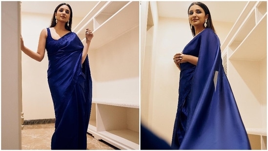 Parineeti Chopra mesmerised her fans with her dreamy look in a royal blue Manish Malhotra saree.(Instagram/@parineetichopra)