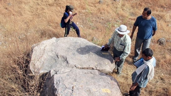 A team of Indian researchers, for the first time in the fossil history, discover an egg-in-egg or abnormal titanosaurid dinosaur egg from the Bagh area in Dhar District of Madhya Pradesh.(ANI)