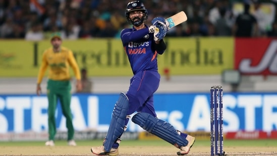 Dinesh Karthik plays a shot during the 4th T20I match between India and South Africa, at Saurashtra Cricket Association Stadium(ANI)