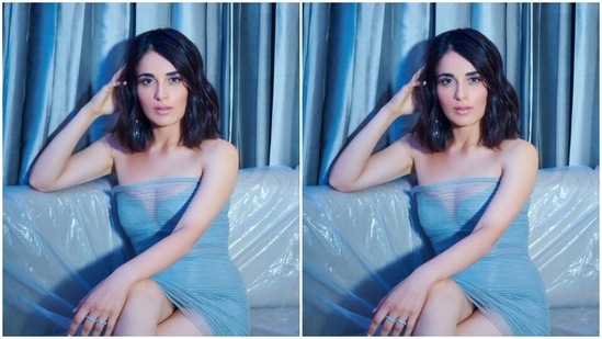 Radhika played muse to fashion designer Amit Aggarwal and picked a pastel blue short dress for the pictures.(Instagram/radhikamadan)