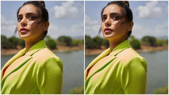 Aamna wore a red cropped top and paired it with an oversized neon green blazer. The full-sleeved blazer featured cut out details at the waist.(Instagram/@aamnasharifofficial)