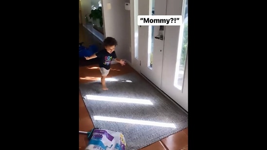 The image taken from the Instagram video shows the little boy's reaction to mom coming home. (Instagram/@aria_and_luke)