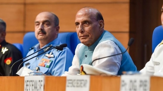 Defence minister Rajnath Singh with the three service chiefs at the launch of Agnipath scheme, in New Delhi. (PTI PHOTO.)