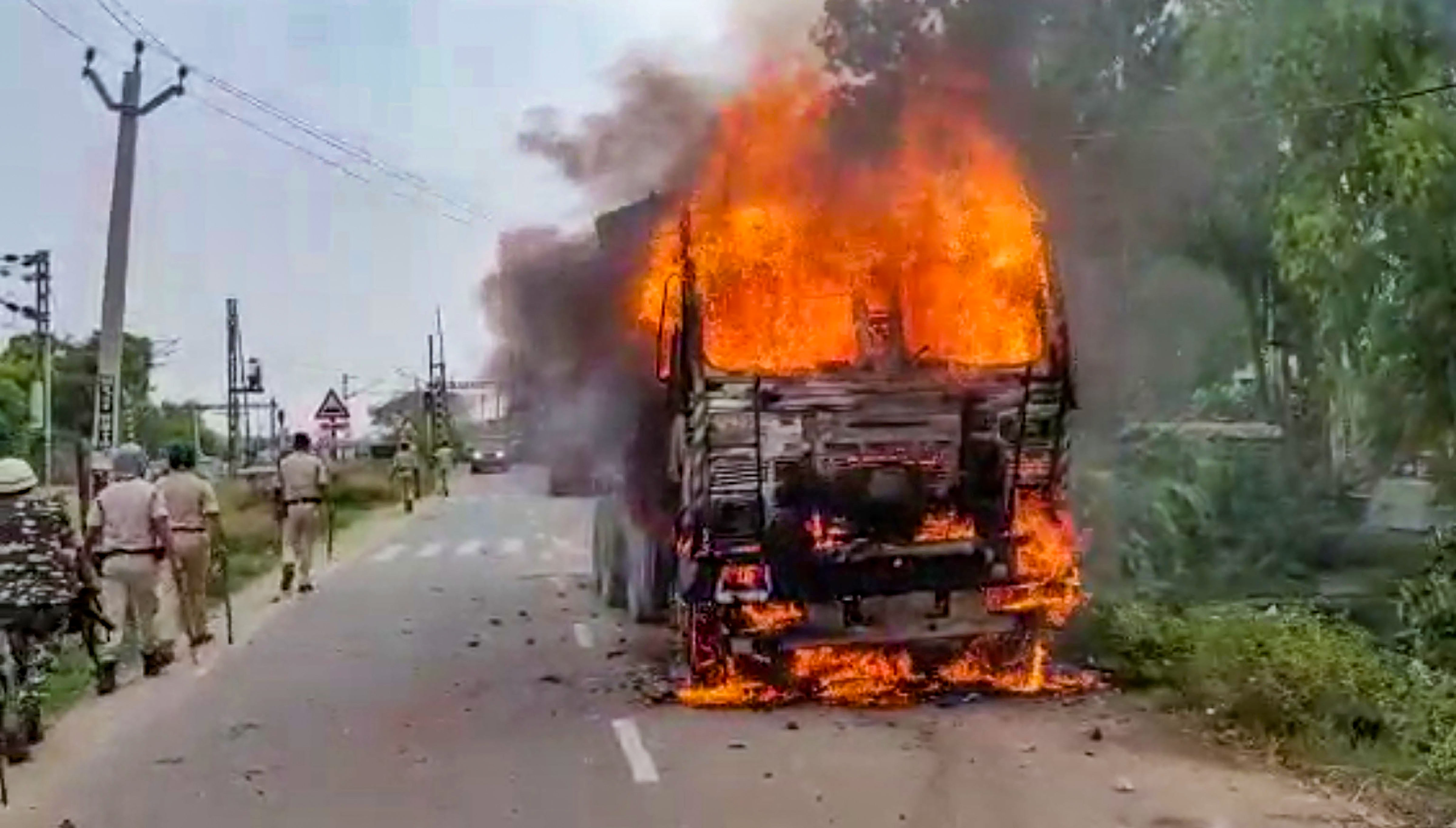 A transport vehicle after it was set on fire by protestors during Bihar Bandh in Jehanabad on Saturday (PTI)