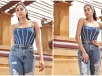 Janhvi Kapoor's fans cannot keep calm as the actor gears up for her next film Good Luck Jerry. Janhvi's look in the poster has left wellwishers wanting for more and they eagerly await the for the release. She has kickstarted with the film's promotions and is currently occupied with the same. For a recent promotional event, the stylish Dhadak actor went for the classic denim look that comprised of a corset top and ripped jeans.(Instagram/@janhvikapoor)