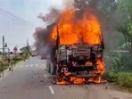 A transport vehicle after it was set on fire by protestors during Bihar Bandh in Jehanabad on Saturday A transport vehicle after it was set on fire by protestors during Bihar Bandh in Jehanabad on Saturday