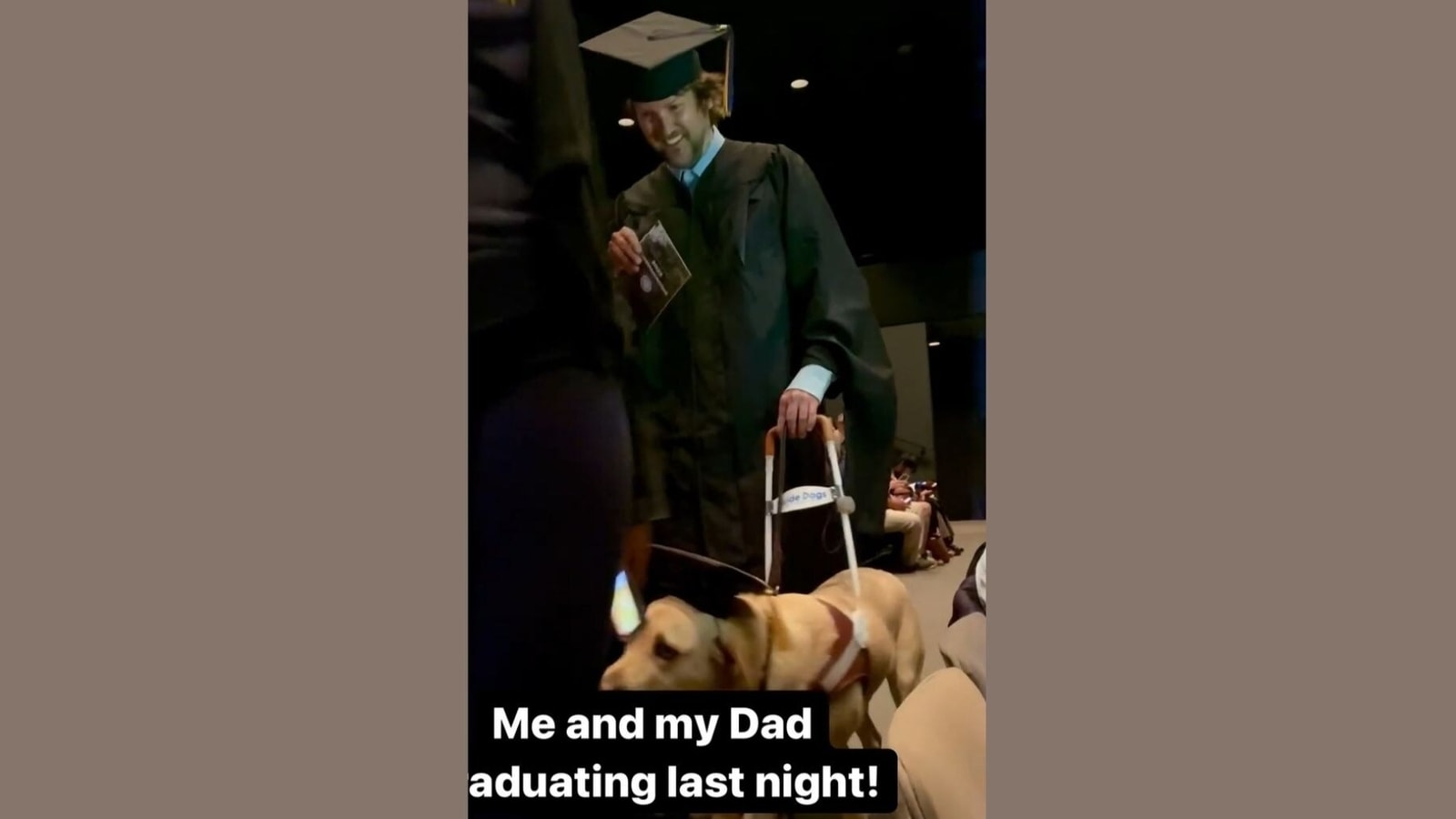 Guide dog wears mortar board as it graduates along with human. Watch