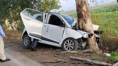 The mangled remains of the car near Garnala village on the Ambala-Naraingarh highway on Sunday. (HT Photo)