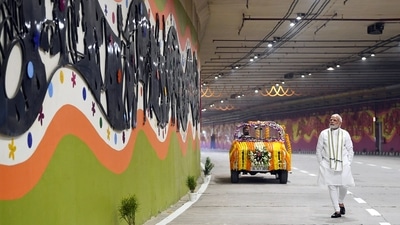 Prime Minister Narendra Modi at the newly launched ITPO tunnel built under Pragati Maidan Integrated Transit Corridor, in New Delhi on Sunday. (ANI Photo) (ANI) Prime Minister Narendra Modi at the newly launched ITPO tunnel built under Pragati Maidan Integrated Transit Corridor, in New Delhi on Sunday. (ANI Photo) (ANI)