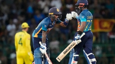 Sri Lanka's Pathum Nissanka, left, and Charith Asalanka cheer each others during their third one-day international (AP) Sri Lanka's Pathum Nissanka, left, and Charith Asalanka cheer each others during their third one-day international (AP)
