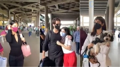 Suhana Khan, Agastya Nanda, Navya Nanda and Khushi Kapoor at the Mumbai airport. Suhana Khan, Agastya Nanda, Navya Nanda and Khushi Kapoor at the Mumbai airport.