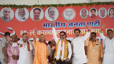 Uttar Pradesh chief minister Yogi Adityanath and others at a rally for the Azamgarh Lok Sabha bypoll. (PTI PHOTO) Uttar Pradesh chief minister Yogi Adityanath and others at a rally for the Azamgarh Lok Sabha bypoll. (PTI PHOTO)