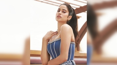Janhvi Kapoor's corset denim top featured sequin detailing and light blue stripes. (Instagram/@janhvikapoor) Janhvi Kapoor's corset denim top featured sequin detailing and light blue stripes. (Instagram/@janhvikapoor)