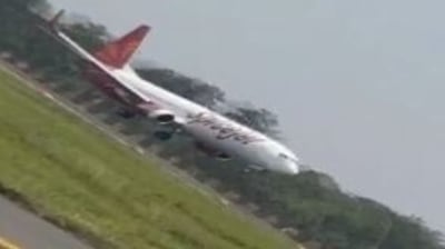 The SpiceJet flight which caught fire midair making an emergency landing.&nbsp; (ANI)