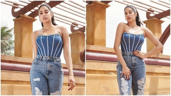 Janhvi Kapoor's fans cannot keep calm as the actor gears up for her next film Good Luck Jerry. Janhvi's look in the poster has left wellwishers wanting for more and they eagerly await the for the release. She has kickstarted with the film's promotions and is currently occupied with the same. For a recent promotional event, the stylish Dhadak actor went for the classic denim look that comprised of a corset top and ripped jeans.(Instagram/@janhvikapoor)