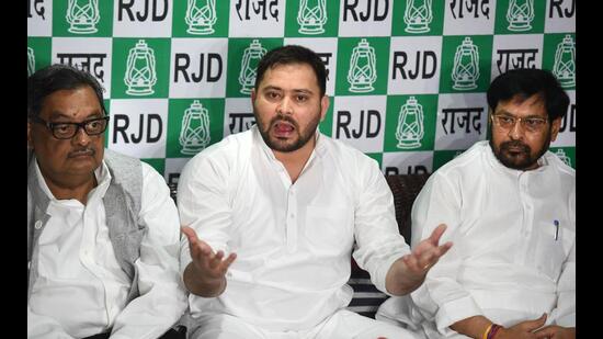 Leader of Opposition in Bihar Assembly Tejashwi Yadav addresses a press conference in New Delhi on Sunday. (PTI)