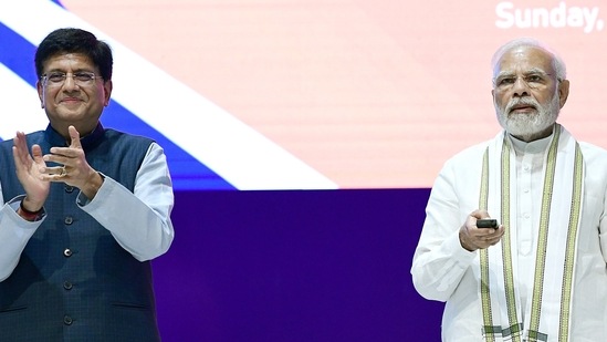 Prime Minister Narendra Modi (right) inaugurates the Pragati Maidan Integrated Transit Corridor project in the presence of Union minister Piyush Goyal (left), at Pragati Maidan, in New Delhi on June 19, 2022.&nbsp;(ANI Photo)