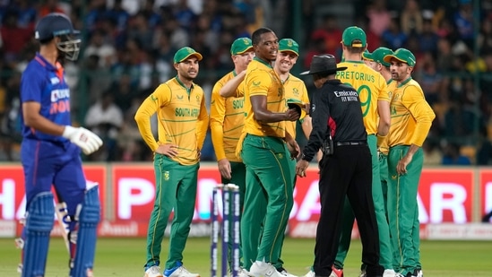 South Africa's Lungi Ngidi, celebrates the wicket of India's Ishan Kishan during the fifth Twenty20 cricket match between India and South Africa(AP)
