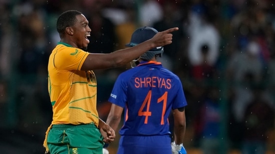 South Africa's Lungi Ngidi, celebrates the wicket of India's Ruturaj Gaikwad during the fifth Twenty20 cricket match between India and South Africa(AP)