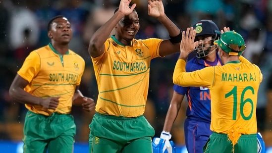South Africa's Lungi Ngidi, celebrates the wicket of India's Ruturaj Gaikwad during the fifth Twenty20 cricket match (AP)