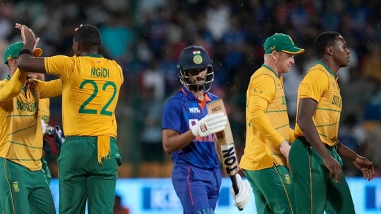 India's Ruturaj Gaikwad walks back to pavilion after losing his wicket by South Africa's Lungi Ngidi during the fifth Twenty20 cricket match between India and South Africa(AP)