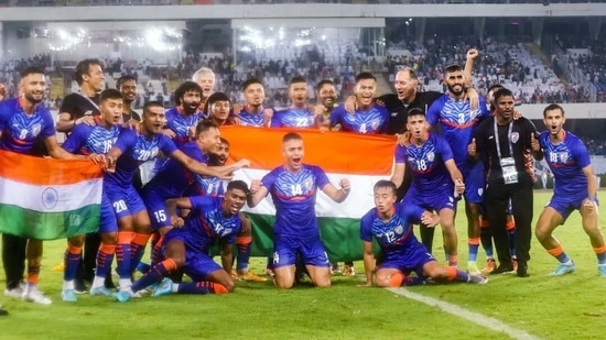 The Indian football team celebrates after their 4-0 win over Hong Kong at Salt Lake Stadium in Kolkata (Twitter/IndianFootball)