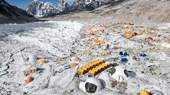 Tents of mountaineers are pictured at the Everest base camp in the Mount Everest region of Solukhumbu district in Nepal. Nepal's tourism department mulls shifting Everest base camp due to risk of melting glacier, unsafe human activity&nbsp;(Photo by TASHI LAKPA SHERPA / AFP)