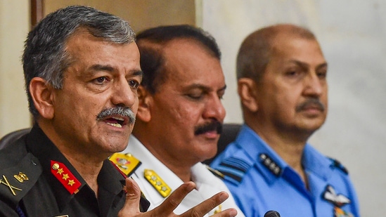 Department of Military Affairs Additional Secretary Lt. General Anil Puri addresses a press conference regarding the 'Agnipath' scheme, at South in New Delhi, on June 19, 2022.&nbsp;(PTI)