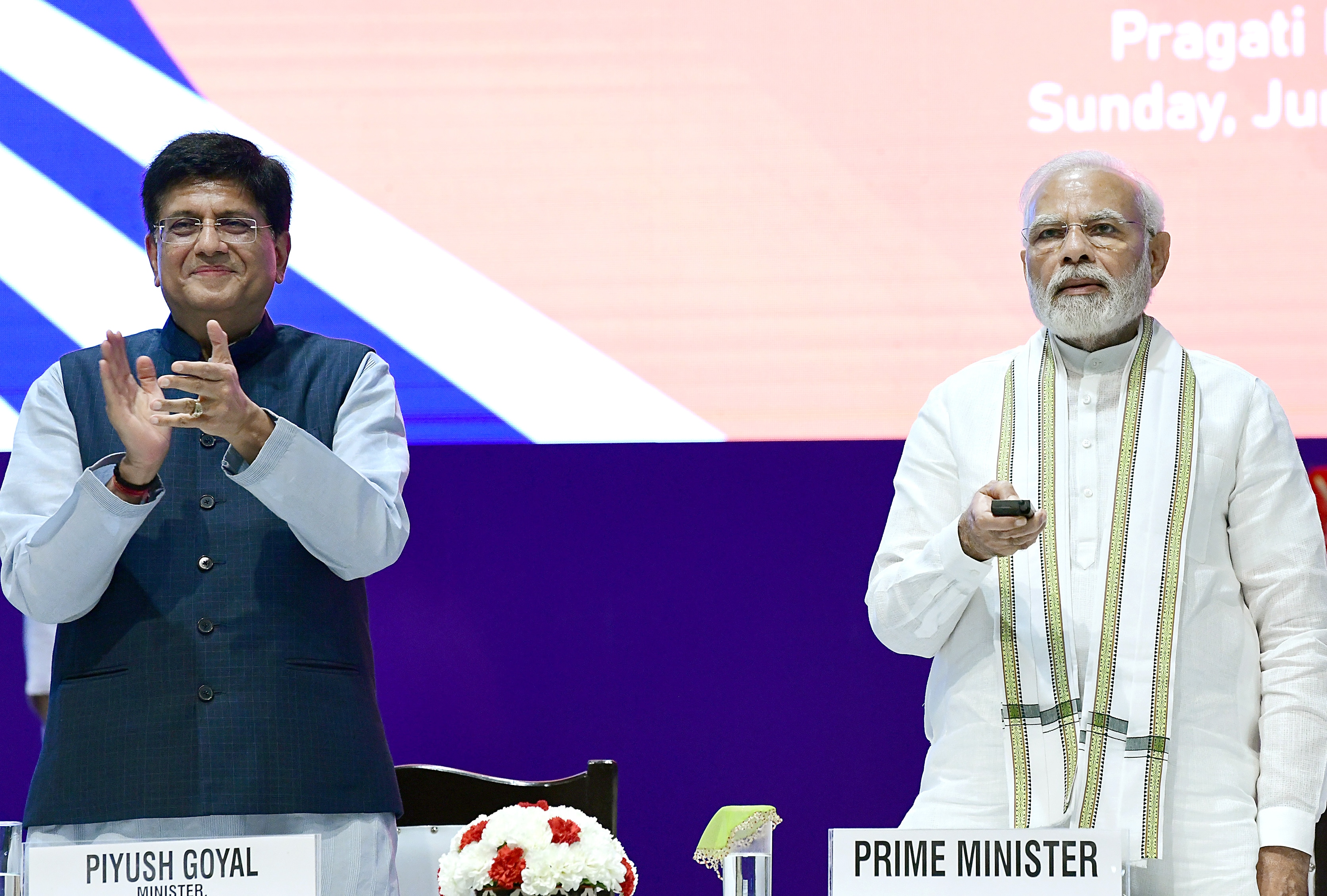 Prime Minister Narendra Modi (right) inaugurates the Pragati Maidan Integrated Transit Corridor project in the presence of Union minister Piyush Goyal (left), at Pragati Maidan, in New Delhi on June 19, 2022. (ANI Photo) Prime Minister Narendra Modi (right) inaugurates the Pragati Maidan Integrated Transit Corridor project in the presence of Union minister Piyush Goyal (left), at Pragati Maidan, in New Delhi on June 19, 2022. (ANI Photo)