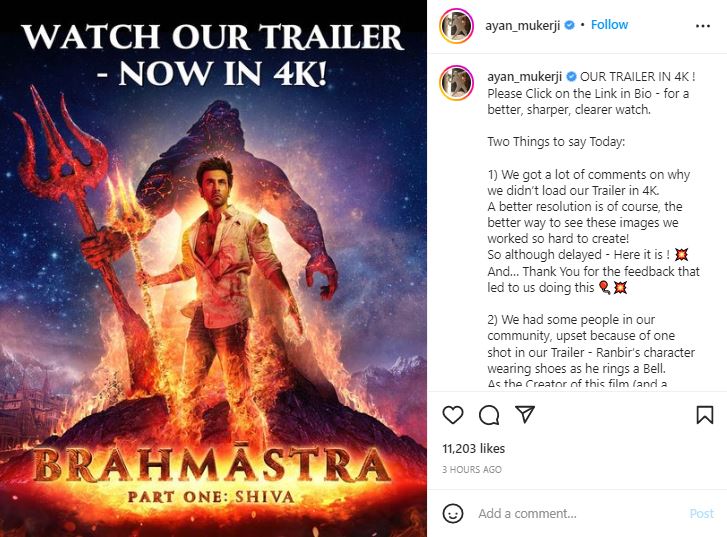 Ayan kündigte die 4K-Brahmastra-Werbung auf Instagram an.