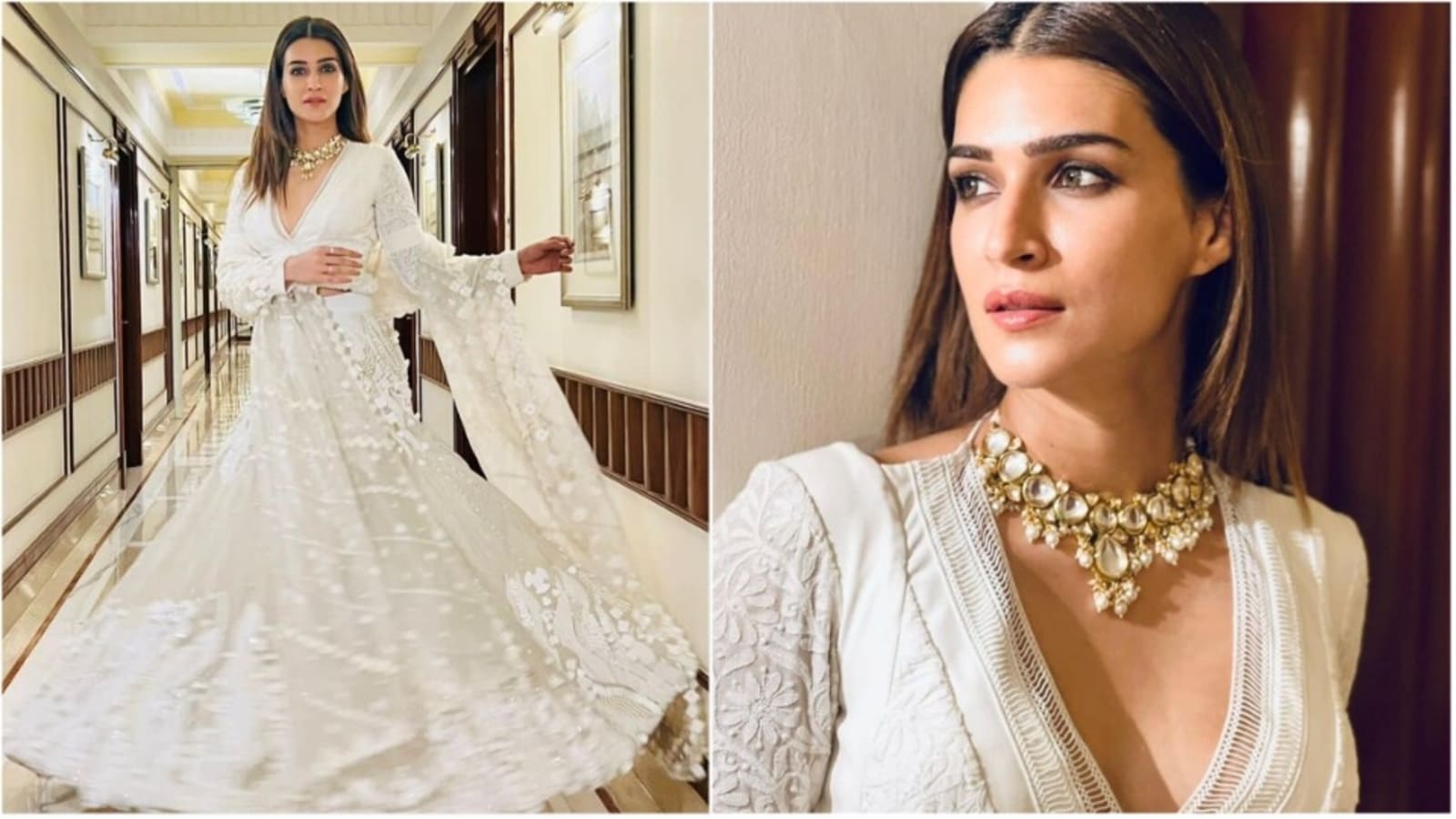Schooli Baccho Ka Georgette Xxx - Kriti Sanon exudes ethnic elegance in white embroidered contemporary  lehenga set | Hindustan Times