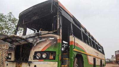 A bus that was burnt in the Tappal area of Aligarh during the anti-Agnipath protests on June 17. (FILE PHOTO)